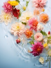 Obraz na płótnie Canvas Colorful flowers on water with splashes and drops backdrop. Floristic decoration. Natural floral white background with copy space for text
