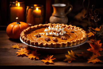 Traditional pumpkin pie on a neutral background