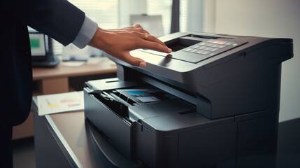 a woman is running a laser printer to copy a document, legal AI - obrazy, fototapety, plakaty