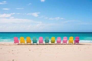 Bright beach with colorful chairs on sandy ocean beach