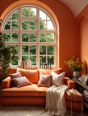 Cozy orange loveseat sofa against of arched window. Interior design of modern living room