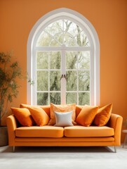 Cozy orange loveseat sofa against of arched window. Interior design of modern living room.