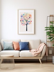 Cozy sofa with colorful cushions near white wall with art poster. Interior design of scandinavian living room.