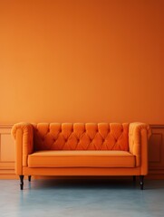  Cute orange loveseat sofa in empty room. Interior design of modern minimalist living room