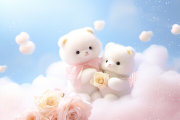 Two Cute teddy bears with flowers, clouds, and romantic backgrounds, Valentine's Day, Mother's Day, God is love