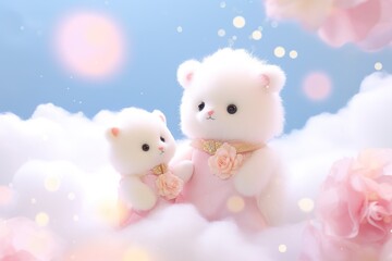 Two Cute teddy bears with flowers, clouds, and romantic backgrounds, Valentine's Day, Mother's Day, God is love