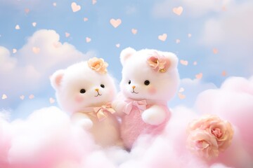 Two Cute teddy bears with flowers, clouds, and romantic backgrounds, Valentine's Day, Mother's Day, God is love