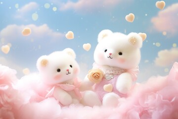 Two Cute teddy bears with flowers, clouds, and romantic backgrounds, Valentine's Day, Mother's Day, God is love