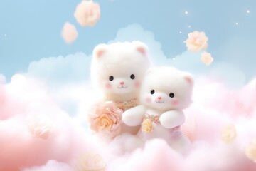 Two Cute teddy bears with flowers, clouds, and romantic backgrounds, Valentine's Day, Mother's Day, God is love