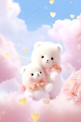 Two Cute teddy bears with flowers, clouds, and romantic backgrounds, Valentine's Day, Mother's Day, God is love