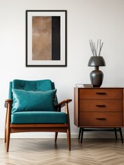 Dark turquoise lounge chair and wooden chest of drawers against white wall with art poster frame. Mid century style interior design of modern living room
