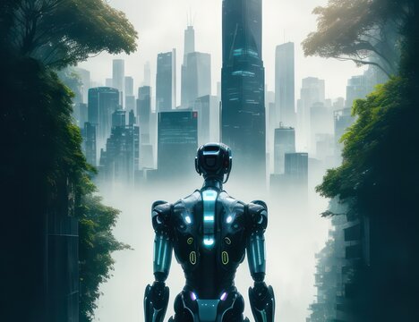 Illustration The back of a smart AI robot stands in the middle of a forest and a big city.Generative AI