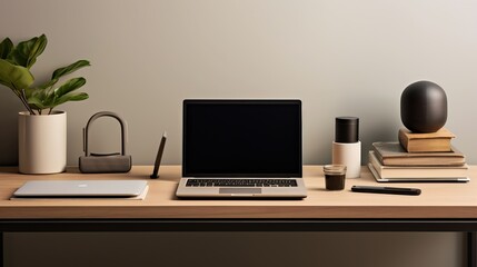 Office desk with laptop, stationary and cyberspace