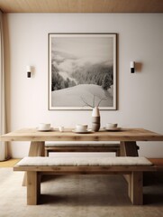 Dining table and rustic wooden bench. Interior design of modern dining room with large art poster frame