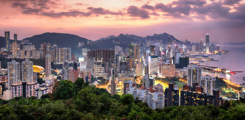 Hong Kong - Victoria harbour at sunset, panorama