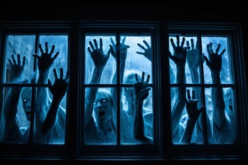 Spooky many zombie hands outside the window, blue glowing. Halloween concept.