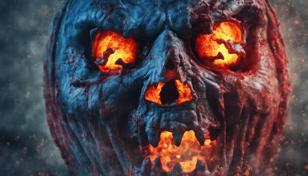 Halloween demon zombie monster with fire inside close up