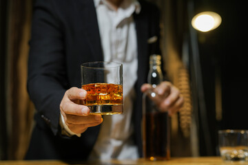 Bartender Serve Whiskey, on wood bar, 