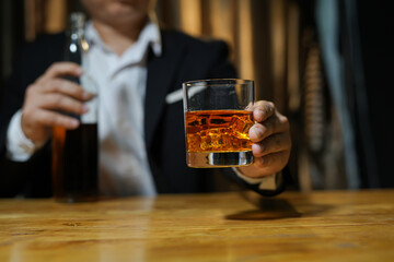 Bartender Serve Whiskey, on wood bar, 