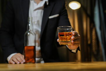 Bartender Serve Whiskey, on wood bar, 