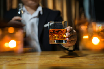Bartender Serve Whiskey, on wood bar, 