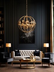 Golden chandelier against paneling wall. Interior design of modern living room