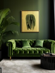 Green tufted velvet chesterfield sofa and poster on the wall. Interior design of modern living room