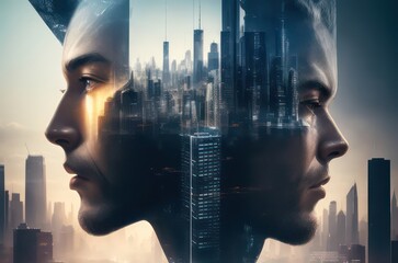 Illustration double exposure human head with big city cover movie poster style.Generative AI © 2D_Jungle