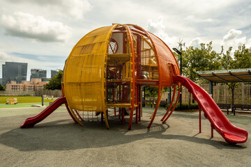 New combination of play equipment with slides in a children's playground in Hong Kong in 2023