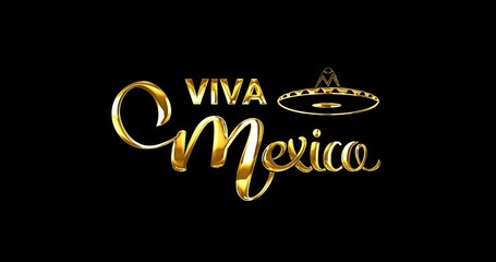 Viva Mexico lettering text with sombrero hat. Luxury Handwritten modern calligraphy text animation in gold with alpha matte. Great use for celebrations, events, and festivals. Editable Background