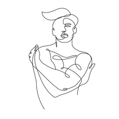 Abstract Man Body One Line Drawing. Male Figure Creative Contemporary Abstract Line Drawing. Trendy Linear Style of Male Naked Body. Vector Minimalist Design for Wall Art, Print, Card, Poster. 