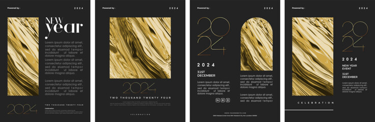 Collection of happy new year 2024 poster templates. With shiny luxury gold liquid design illustration. Design for poster, banner or background needs. - obrazy, fototapety, plakaty