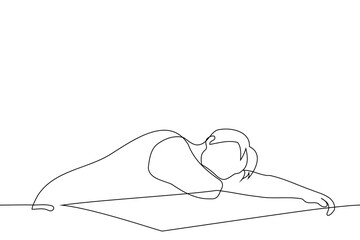 man lounging lazily at the table - one line art vector. the concept student sleeping in a boring lesson