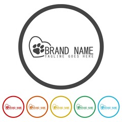 Pet Love Logo Design Template. Set icons in color circle buttons