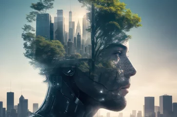 Illustration double exposure human head with forest and big city cover movie poster style.Generative AI © 2D_Jungle