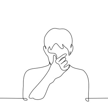 recommend clip art: man rubs the bridge of his nose - one line art vector. the concept fatigue, intense mental reflection, hiding tears, shame or cringe