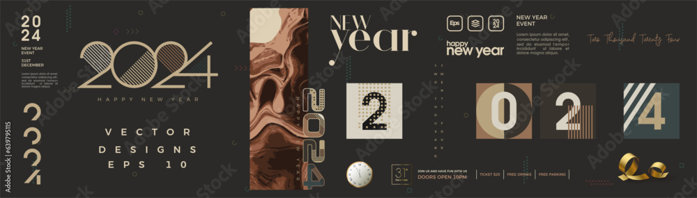 Poster happy new year 2024 celebration banner design. with a unique retro vintage look. premium vector desi