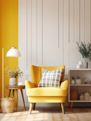  Interior design of living room with white armchair and yellow plaid. Rattan furniture in room with stucco wall