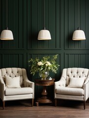 Interior design of living room with white armchairs over the dark green planks paneling wall. Farmhouse style. Home design