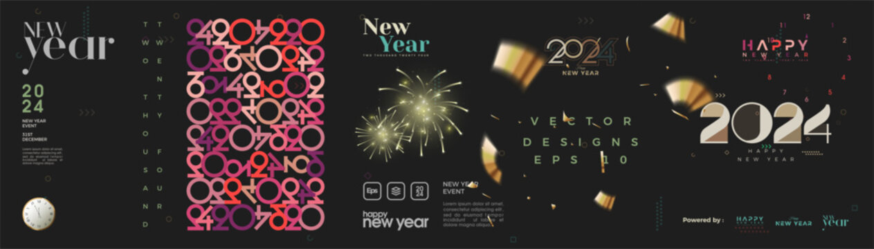 Unique design happy new year 2024 banner background. With classic black color. Premium vector design for celebration.