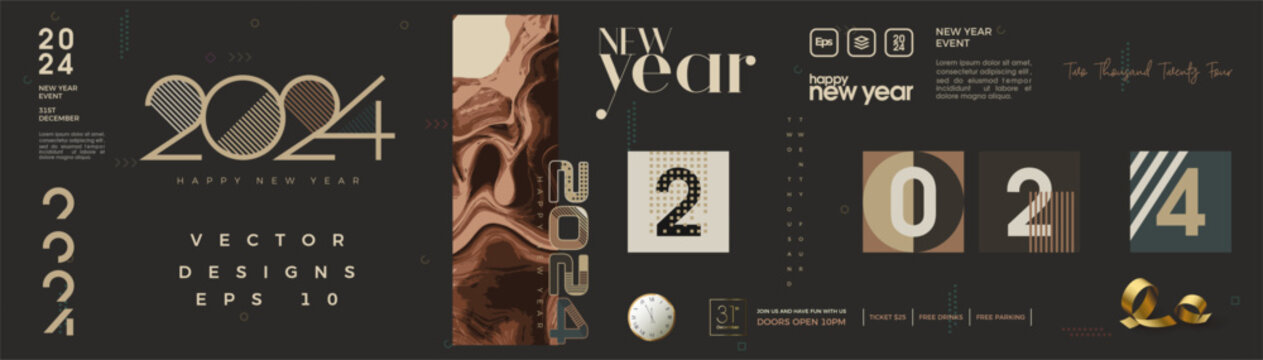 Happy new year 2024 celebration banner design. With a unique retro vintage look. Premium vector design for greeting and celebration of happy new year 2024.