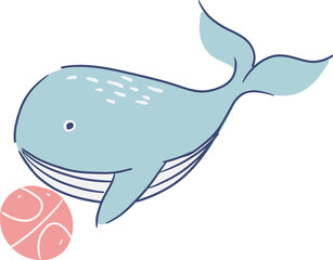 Whale cartoon character . Hand drawn style . PNG .