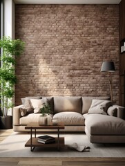 Interior design of modern apartment, living room with brick wall. Home design with beige sofa