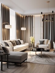Interior design of modern apartment, living room with sofa and armchairs.