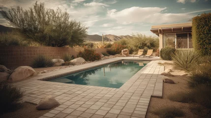 Gordijnen A backyard in Arizona with a pool deck made of travertine tiles, complementing the desert scenery. © Matthew
