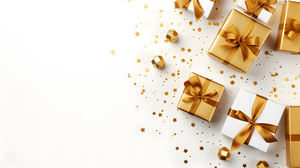 Christmas background with balls and gift box with top view