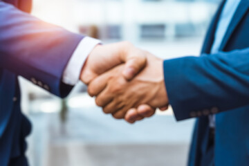 Two businessmen shaking hands greeting each other. Two confident business man shaking hands during...