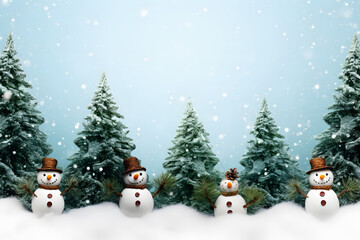 Christmas background with Christmas tree branches and snowman, winter seasonal with copy space.
