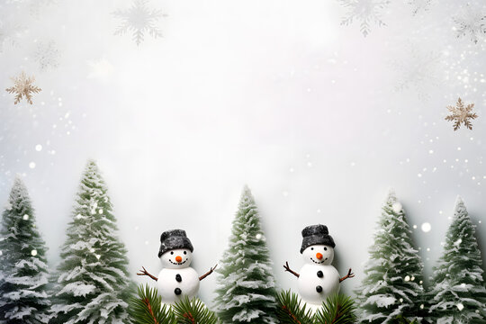 Christmas background with Christmas tree branches and snowman, winter seasonal with copy space.
