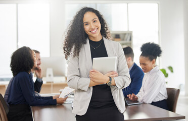 Business woman, portrait and tablet in meeting with team for project management or discussion of digital marketing strategy. Corporate, employee and professional work in Brazil in online research